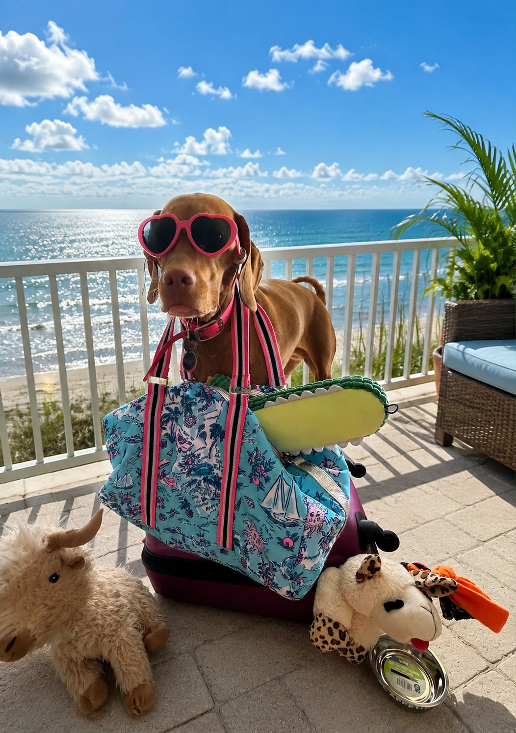 A Vizsla in pink heart-shaped sunglasses, packed and ready to go with a beach bag, suitcase, and plush toys on an oceanfront patio