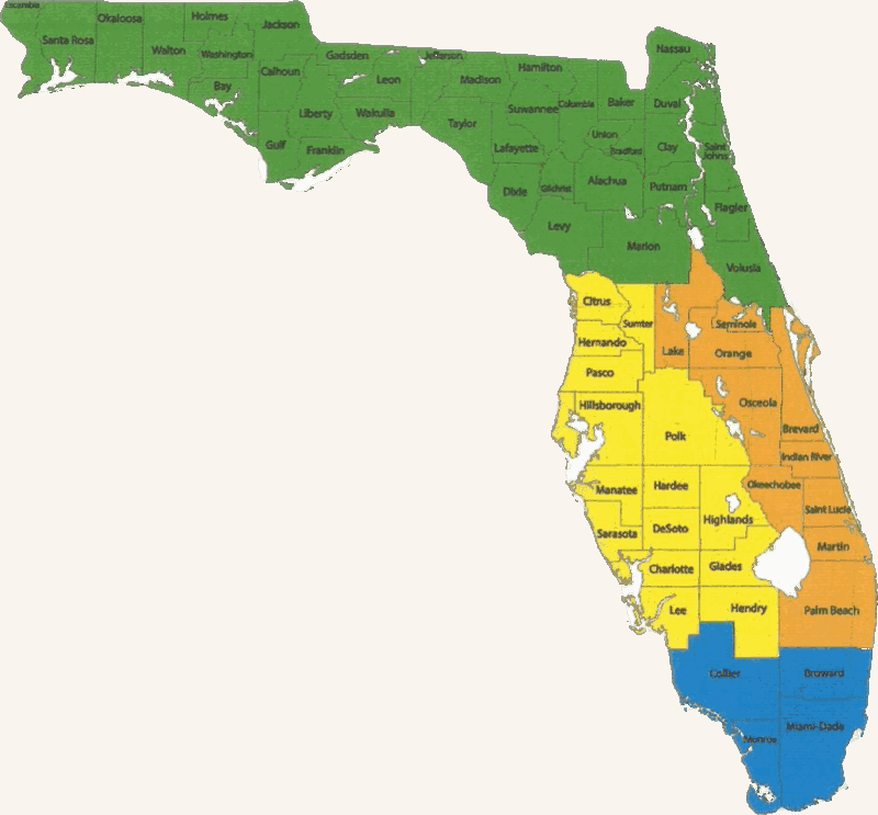Map of Florida's four rescue zones, colored by county — green north, yellow Gulf coast, orange central Atlantic, blue far south.